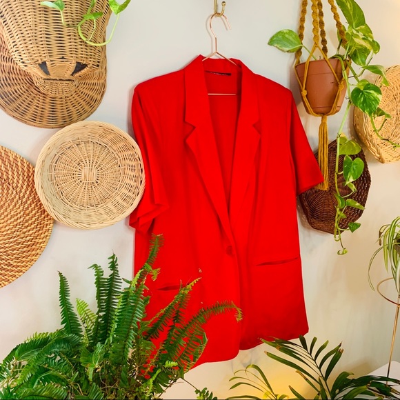 Vintage Jackets & Blazers - vintage oversized 90s red shirt sleeve blazer